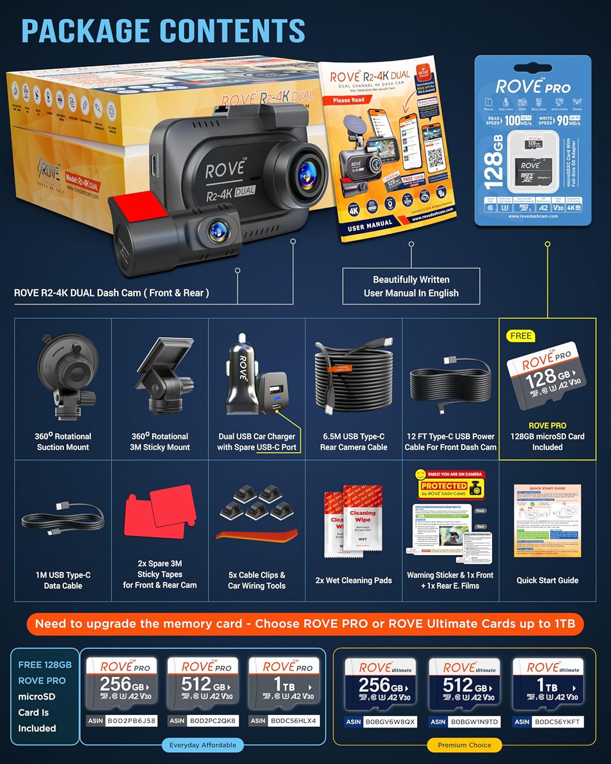 ROVE R2-4K DUAL Dash Cam Front and Rear,