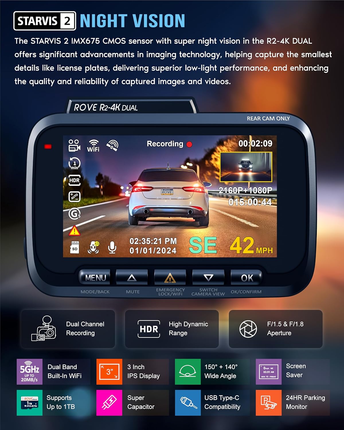 ROVE R2-4K DUAL Dash Cam Front and Rear,